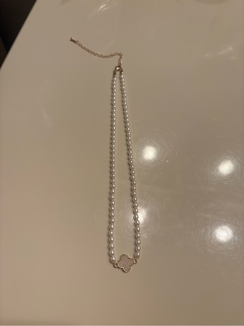 Pearl Necklace with Gold Clover Pendant - Women Jewelry